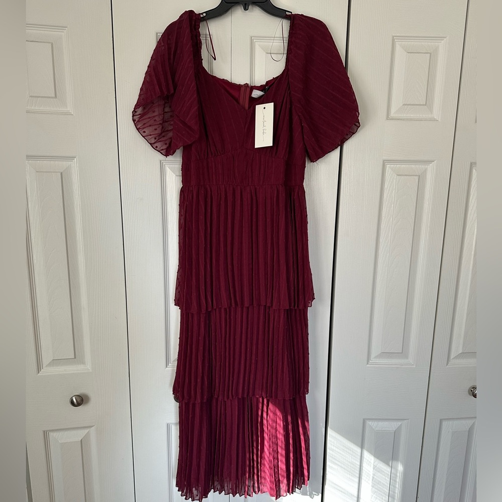Tiered Burgundy Midi Dress with Flutter Sleeves - One Loved Babe